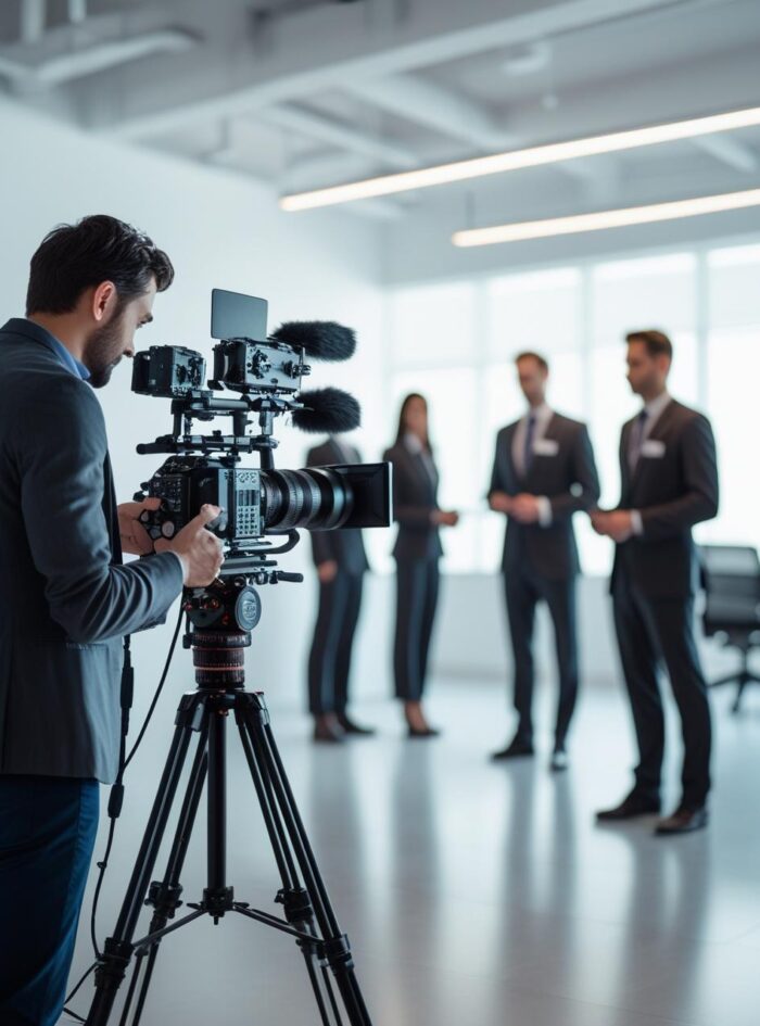 create an image of corporate video shoot by freelancer with camera setup (1)