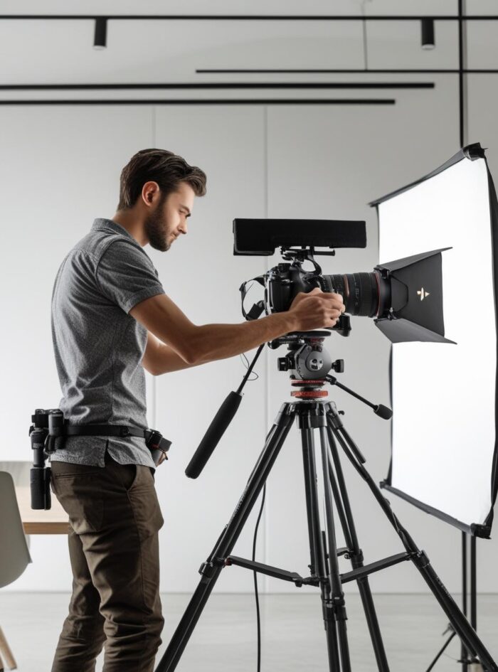 create an image of corporate video shoot by freelancer with camera setup (2)