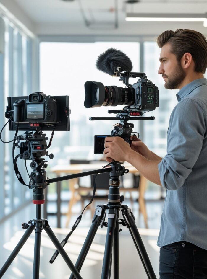 create an image of corporate video shoot by freelancer with camera setup (3)
