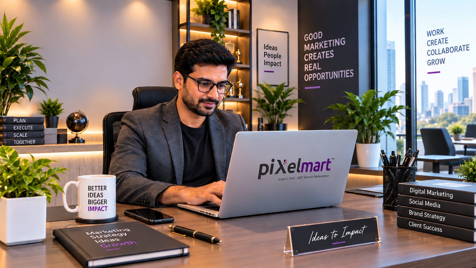 A piXelmart partner working at a laptop.